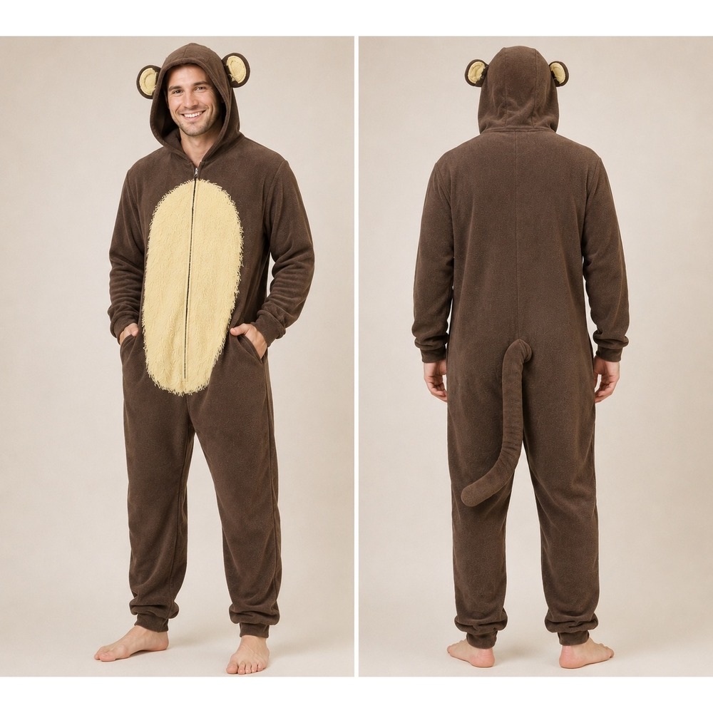 Bioworld Monkey Union Suit Men Large Brown Fleece Hooded Pajamas Tail One Piece